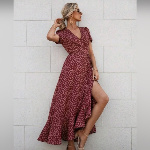 Dresses & Skirts - New Boho Floral Wrap Ruffle Maxi Dress Burgundy Red White